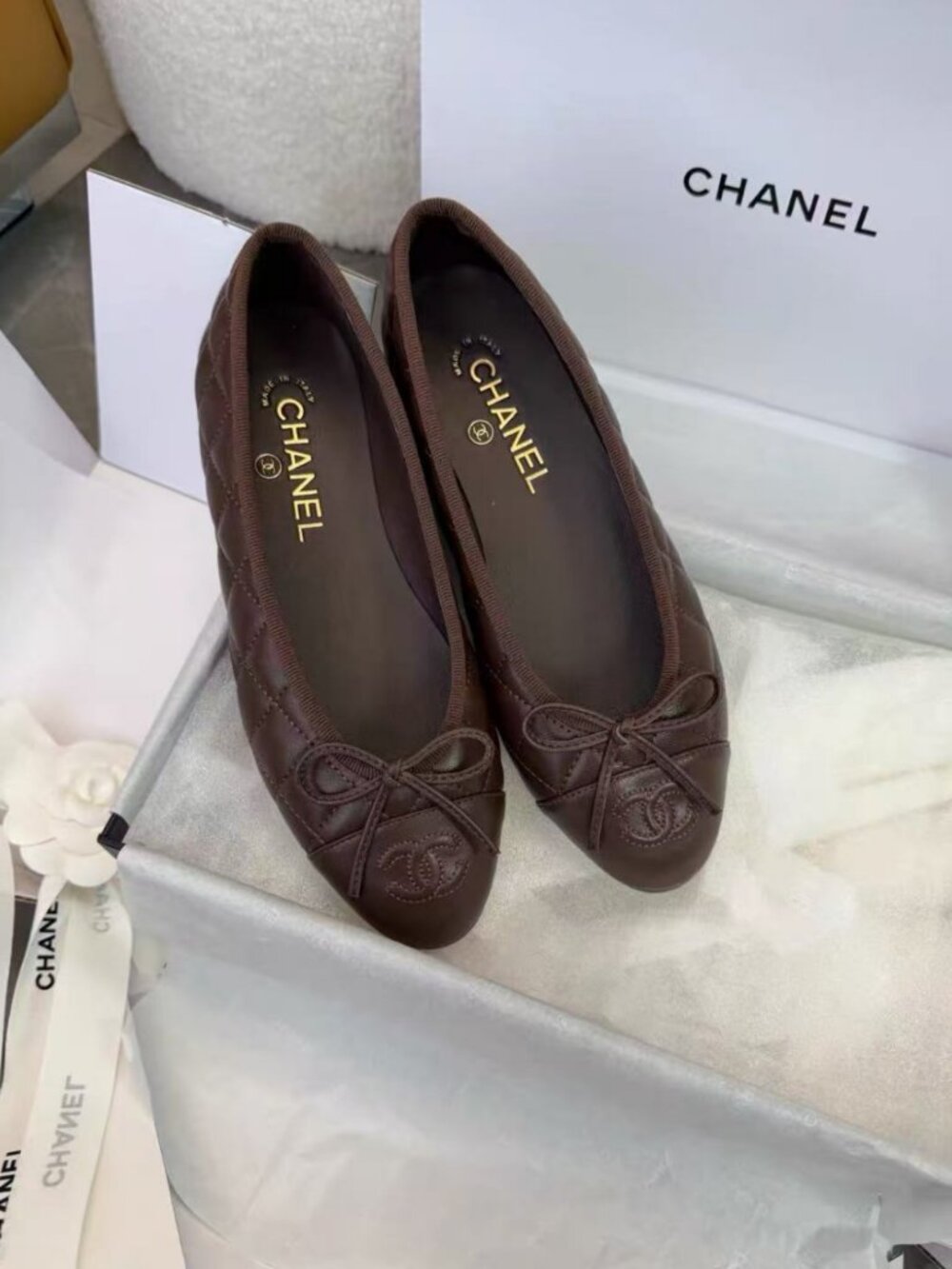 CHANEL Brown Quilted Bow Women’s Ballet Flats